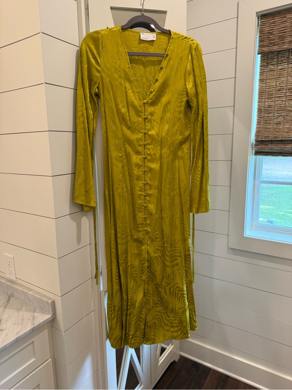 Long Sleeve Chartreuse Satin Button-Front Maxi Dress
